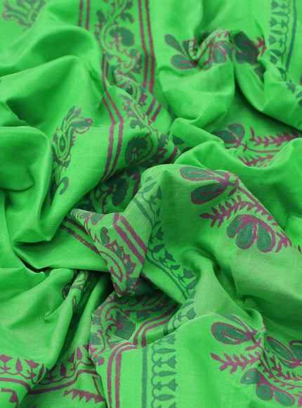 Silk cotton block printed saree parrot green with allover prints and zari woven border - {{ collection.title }} by Prashanti Sarees