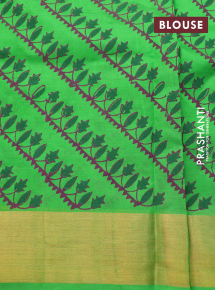 Silk cotton block printed saree parrot green with allover prints and zari woven border - {{ collection.title }} by Prashanti Sarees