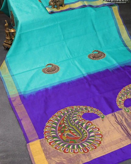 Silk cotton saree blue and with kalamkari applique work and zari woven border and Kalamkari blouse - {{ collection.title }} by Prashanti Sarees