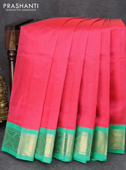 Silk cotton saree candy pink and teal green shade with plain body and zari woven korvai border - {{ collection.title }} by Prashanti Sarees