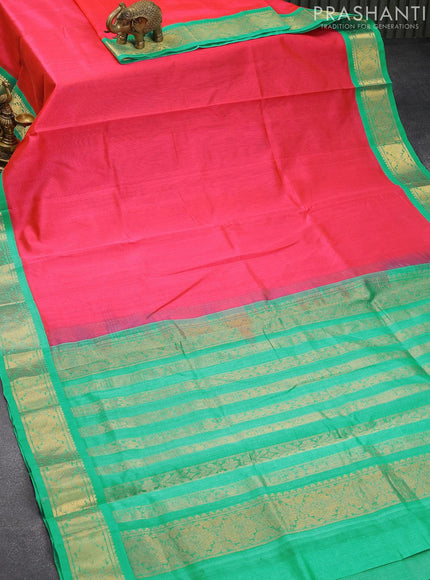 Silk cotton saree candy pink and teal green shade with plain body and zari woven korvai border - {{ collection.title }} by Prashanti Sarees