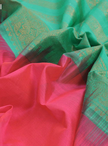 Silk cotton saree candy pink and teal green shade with plain body and zari woven korvai border - {{ collection.title }} by Prashanti Sarees