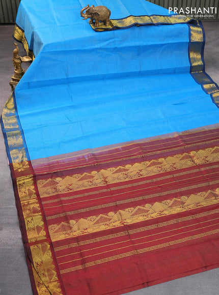 Silk cotton saree cs blue and deep maroon with allover vairaosi pattern and zari woven border - {{ collection.title }} by Prashanti Sarees