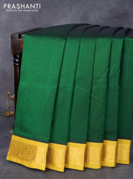 Silk cotton saree dark green and yellow with plain body and zari woven korvai border - {{ collection.title }} by Prashanti Sarees