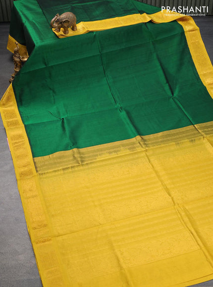 Silk cotton saree dark green and yellow with plain body and zari woven korvai border - {{ collection.title }} by Prashanti Sarees