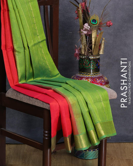 Silk cotton saree dual shade of pinkish orange and light green with plain body and zari woven border - {{ collection.title }} by Prashanti Sarees
