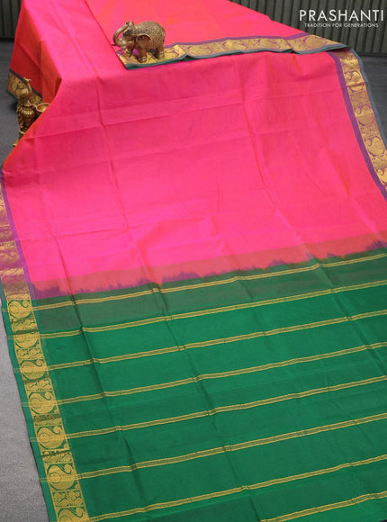 Silk cotton saree dual shade of pinksih orange and green with plain body and paisley zari woven border - {{ collection.title }} by Prashanti Sarees