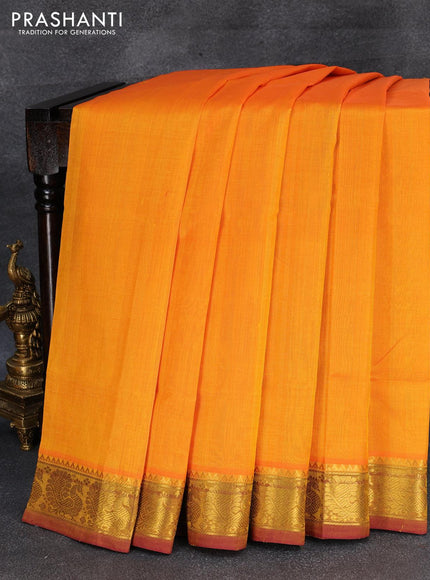 Silk cotton saree dual shade of yellwoush orange and deep maroon with plain body and annam zari woven border - {{ collection.title }} by Prashanti Sarees