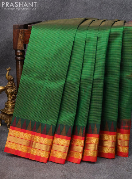 Silk cotton saree green and red with allover vairosi pattern and temple design zari woven korvai border - {{ collection.title }} by Prashanti Sarees