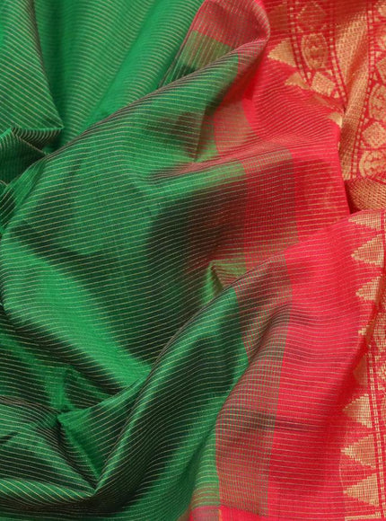 Silk cotton saree green and red with allover vairosi pattern and temple design zari woven korvai border - {{ collection.title }} by Prashanti Sarees