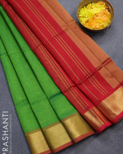 Silk cotton saree green and red with plain body and zari woven border - {{ collection.title }} by Prashanti Sarees