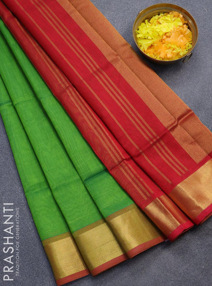 Silk cotton saree green and red with plain body and zari woven border - {{ collection.title }} by Prashanti Sarees