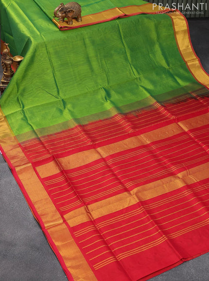 Silk cotton saree green and red with plain body and zari woven border - {{ collection.title }} by Prashanti Sarees