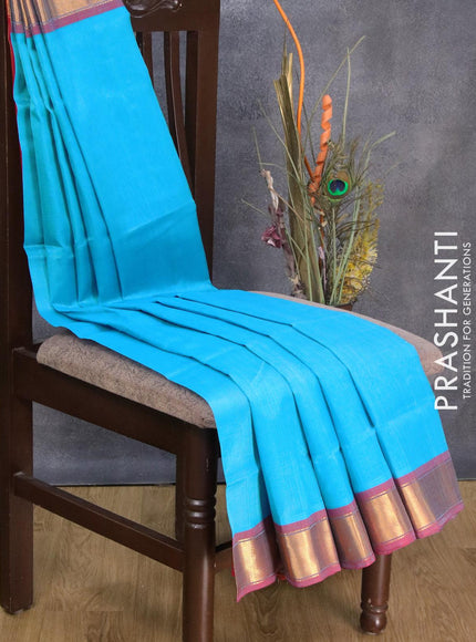 Silk cotton saree light blue and red with plain body and zari woven border - {{ collection.title }} by Prashanti Sarees