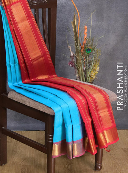 Silk cotton saree light blue and red with plain body and zari woven border - {{ collection.title }} by Prashanti Sarees