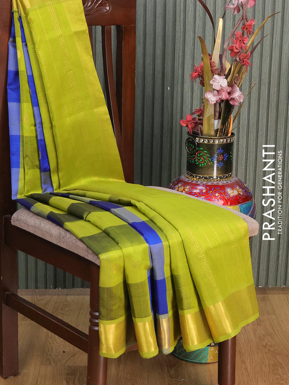 silk cotton saree light green and blue with allover paalum pazhamum checks and zari buttas and zari woven border prashanti sarees 3