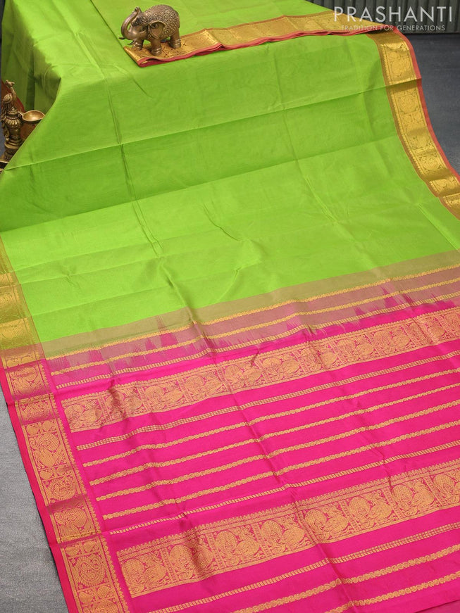 Silk cotton saree light green and pink with plain body and annam zari woven border - {{ collection.title }} by Prashanti Sarees