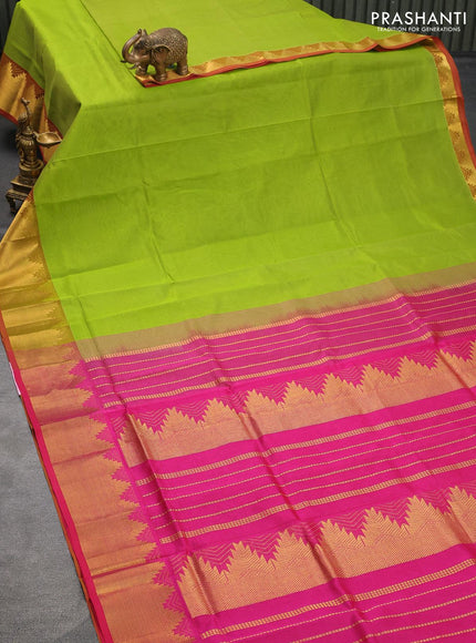 Silk cotton saree light green and pink with plain body and temple design zari woven border - {{ collection.title }} by Prashanti Sarees