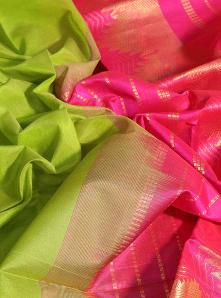 Silk cotton saree light green and pink with plain body and temple design zari woven border - {{ collection.title }} by Prashanti Sarees