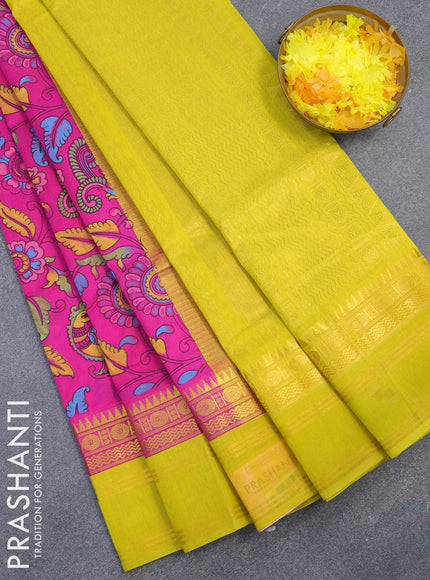 Silk cotton saree magenta pink and yellow with allover kalamkari prints and rich zari woven rettapet border - {{ collection.title }} by Prashanti Sarees