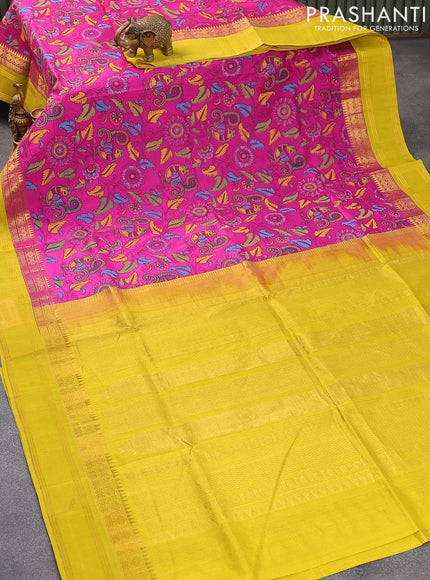 Silk cotton saree magenta pink and yellow with allover kalamkari prints and rich zari woven rettapet border - {{ collection.title }} by Prashanti Sarees