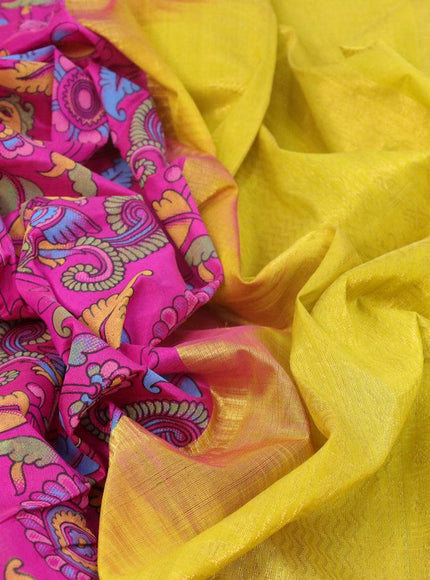 Silk cotton saree magenta pink and yellow with allover kalamkari prints and rich zari woven rettapet border - {{ collection.title }} by Prashanti Sarees