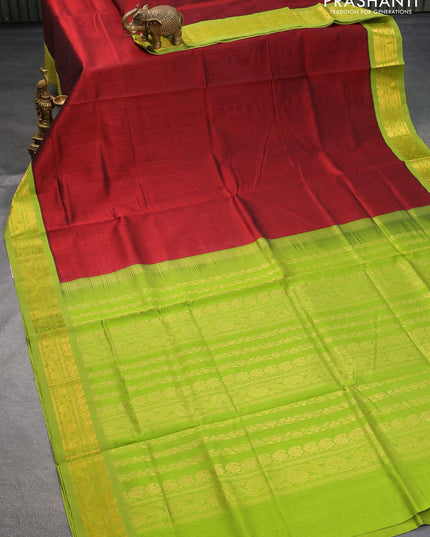 Silk cotton saree maroon and light green with plain body and zari woven korvai border - {{ collection.title }} by Prashanti Sarees