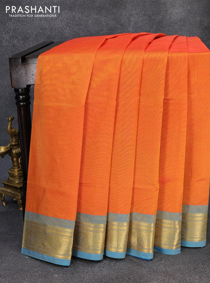 Silk cotton saree orange and cs blue with plain body and zari woven border - {{ collection.title }} by Prashanti Sarees