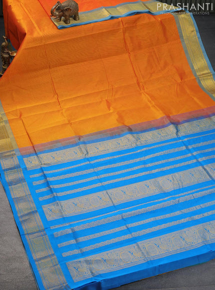 Silk cotton saree orange and cs blue with plain body and zari woven border - {{ collection.title }} by Prashanti Sarees