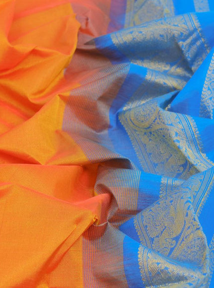 Silk cotton saree orange and cs blue with plain body and zari woven border - {{ collection.title }} by Prashanti Sarees