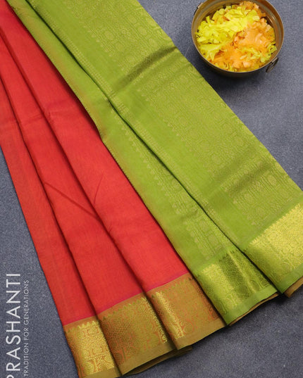 Silk cotton saree orange and light green with plain body and zari woven border - {{ collection.title }} by Prashanti Sarees