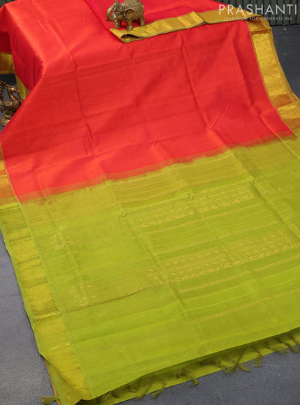 Silk cotton saree orange and light green with plain body and zari woven border - {{ collection.title }} by Prashanti Sarees