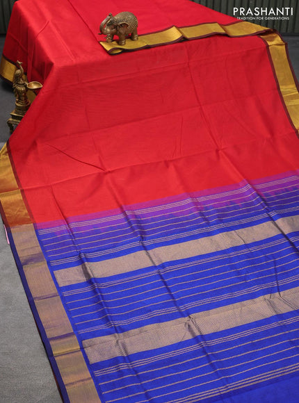 Silk cotton saree red and blue with plain body and zari woven border - {{ collection.title }} by Prashanti Sarees