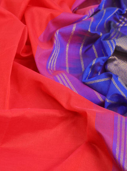 Silk cotton saree red and blue with plain body and zari woven border - {{ collection.title }} by Prashanti Sarees