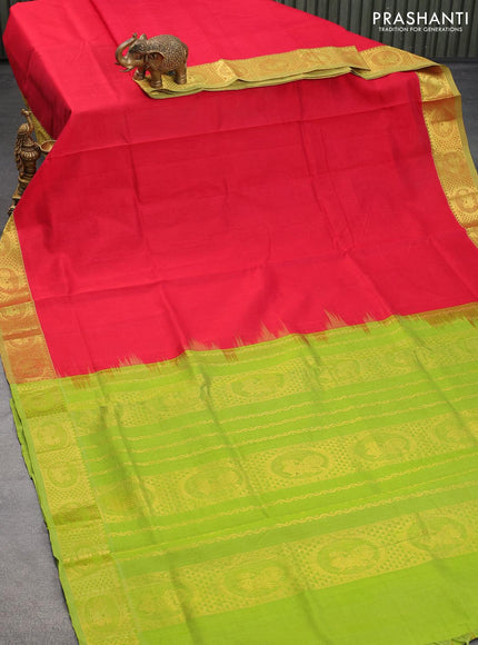 Silk cotton saree red and light green with plain body and annam zari woven border - {{ collection.title }} by Prashanti Sarees