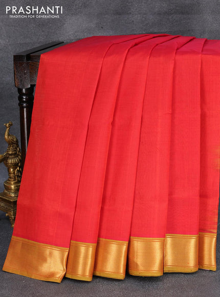 Silk cotton saree red and light green with plain body and zari woven border - {{ collection.title }} by Prashanti Sarees