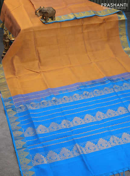 Silk cotton saree sandal and cs blue with plain body and temple design zari woven border - {{ collection.title }} by Prashanti Sarees