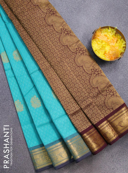 Silk cotton saree teal blue and deep maroon with allover self emboss & annam zari buttas and annam zari woven border - {{ collection.title }} by Prashanti Sarees