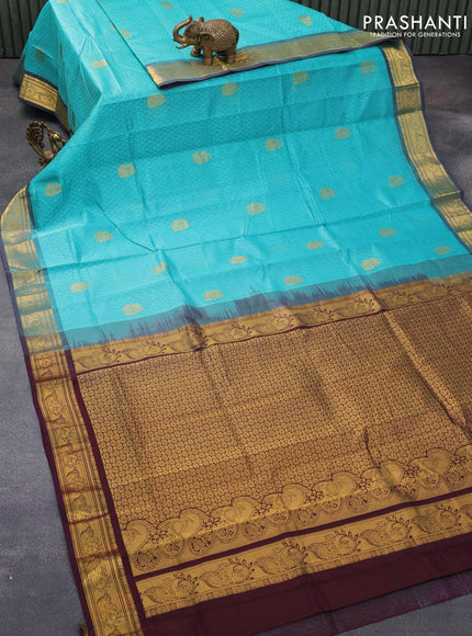 Silk cotton saree teal blue and deep maroon with allover self emboss & annam zari buttas and annam zari woven border - {{ collection.title }} by Prashanti Sarees