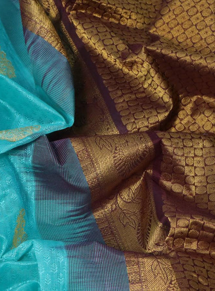 Silk cotton saree teal blue and deep maroon with allover self emboss & annam zari buttas and annam zari woven border - {{ collection.title }} by Prashanti Sarees