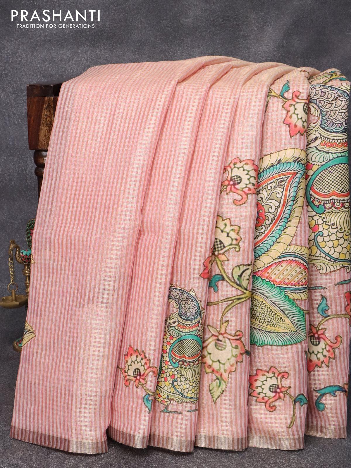 Kalamkari semi silk saree cream and light green with allover prints an – Prashanti  Sarees