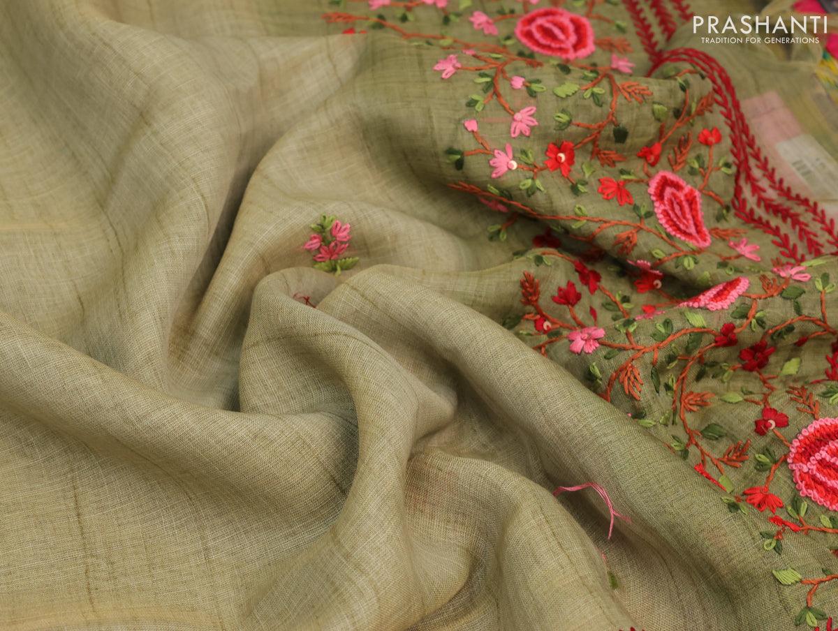 Pure linen saree green with allover prints and silver zari woven borde –  Cherrypick