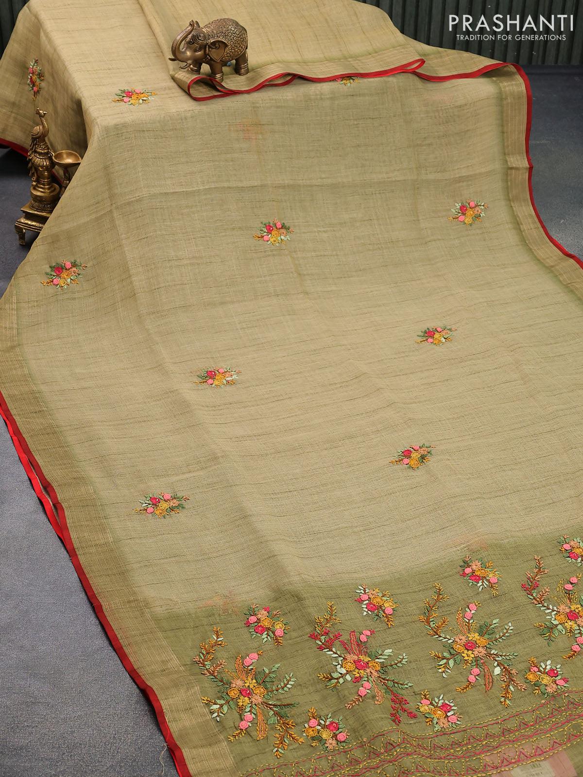 tissue linen saree green shade with thread woven embroidery work buttas and zari woven border prashanti sarees 2