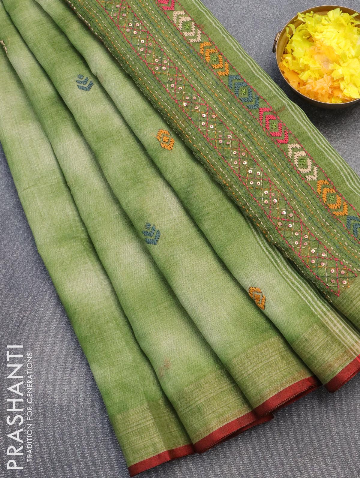 Pure linen saree mustard shade with allover floral prints and silver z –  Cherrypick