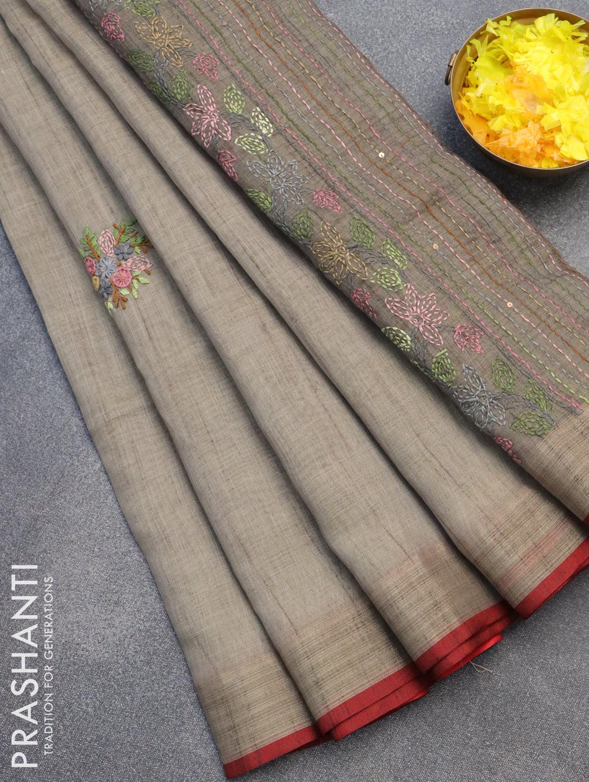 Linen cotton saree green with allover stripes prints and silver zari woven  border at 85000 by Prashanti – Prashanti Sarees