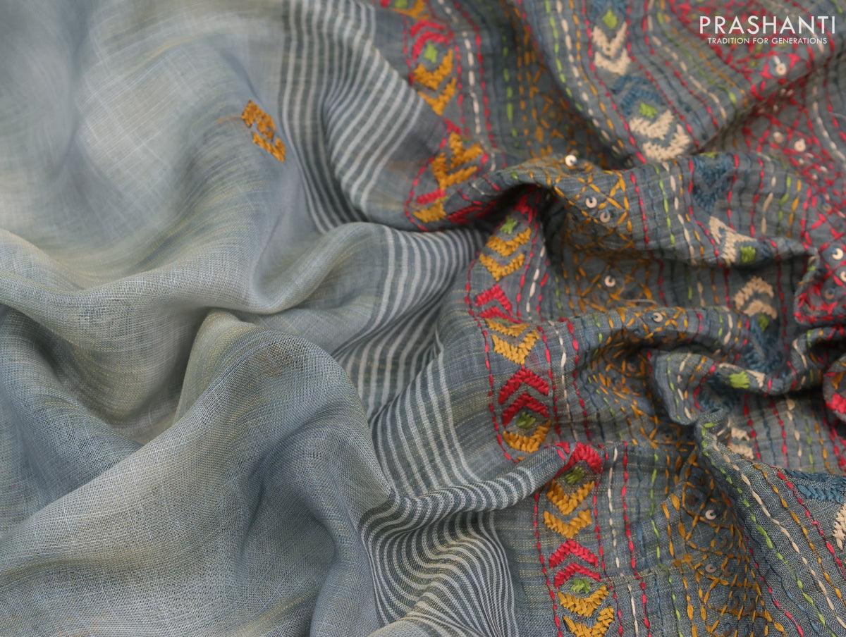 Linen cotton saree sap green with allover prints and silver zari woven – Prashanti  Sarees