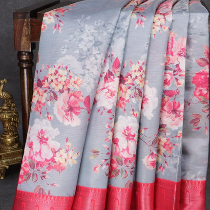 Tissue saree grey and pink with allover digital floral prints and muniya paithani style border - PBR0627 - {{ collection.title }} by Prashanti Sarees