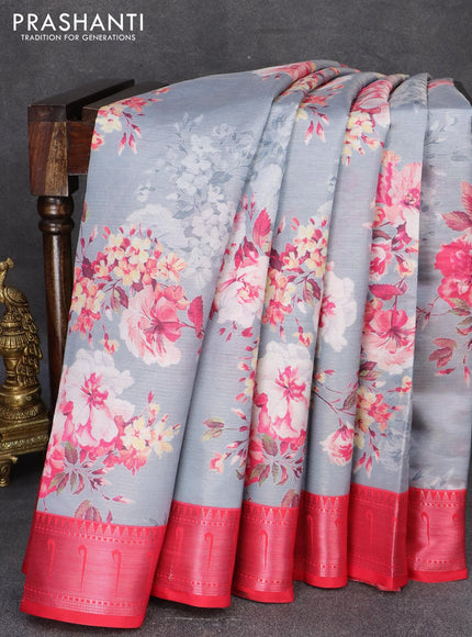 Tissue saree grey and pink with allover digital floral prints and muniya paithani style border - PBR0627 - {{ collection.title }} by Prashanti Sarees