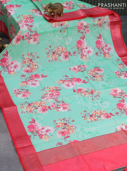 Tissue saree teal blue and pink with allover digital floral prints and muniya paithani style border - {{ collection.title }} by Prashanti Sarees