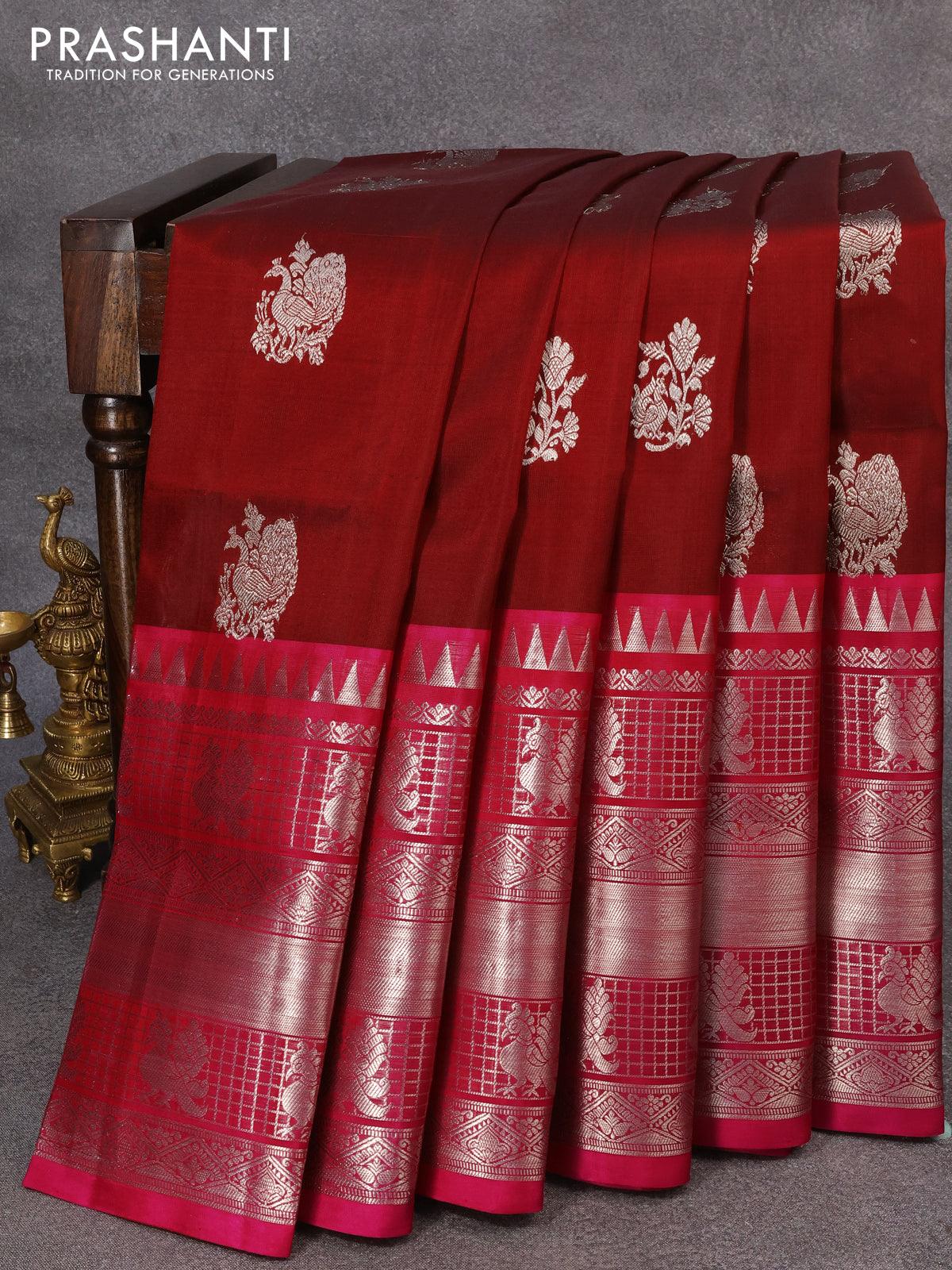 venkatagiri silk saree maroon and pink with silver zari woven buttas and long silver zari woven border prashanti sarees 1